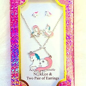 Unicorn Pendant Necklace 2 Earrings Set